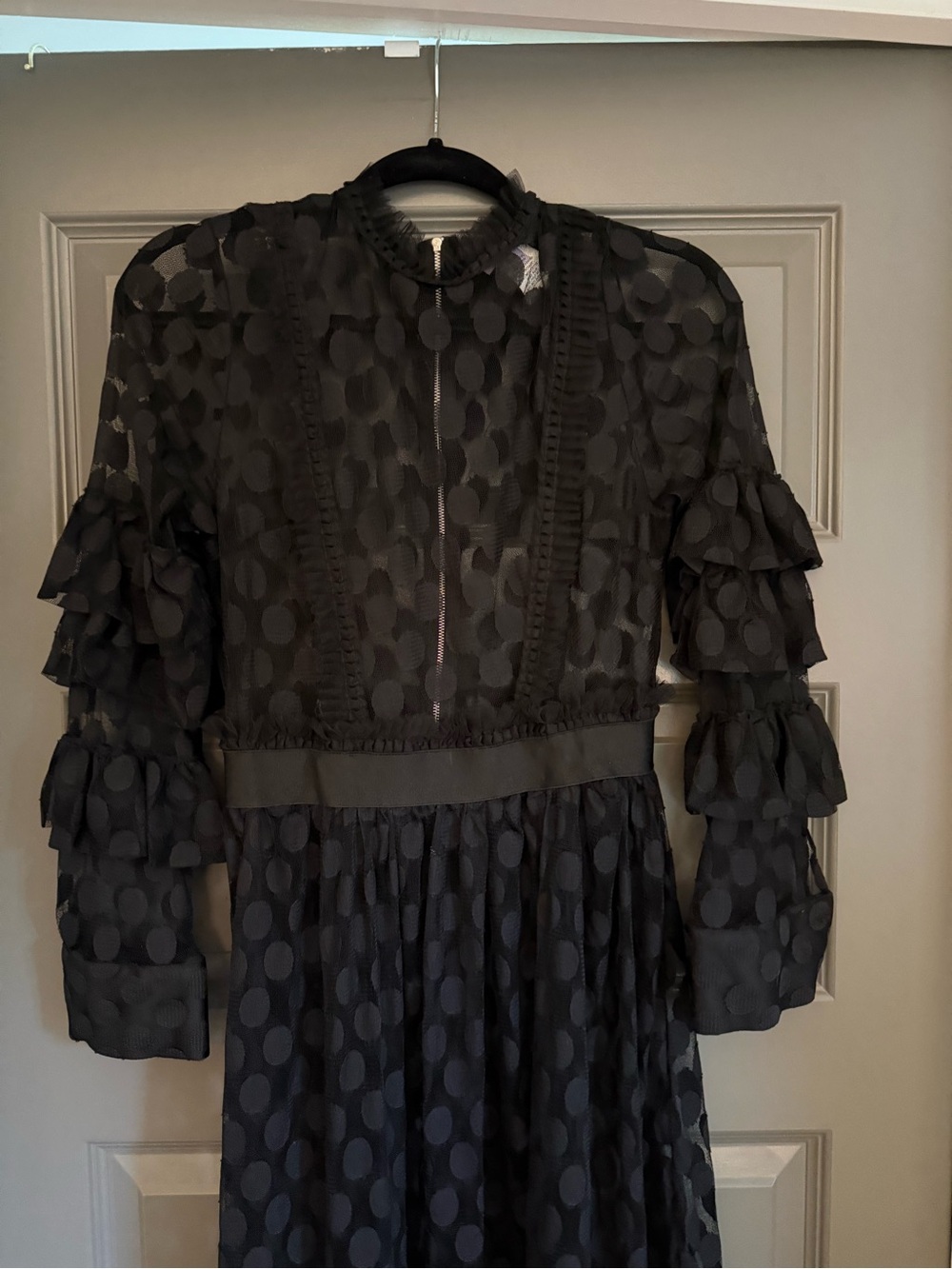 Eien black sheer polka dot maxi dress with ruffled long sleeves, size medium - Picture 5 of 7
